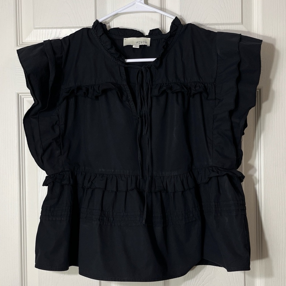 PINCH Black Ruffle Tiered Cropped Blouse Size S Romantic Date Night Chic - Picture 3 of 9